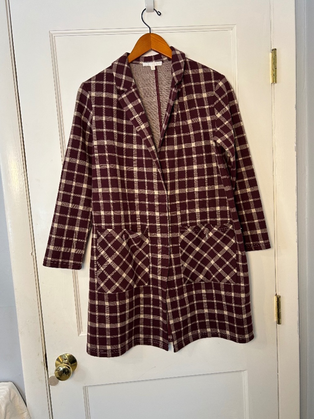 Anthropologie Harlyn Melrose Plaid Duster Size Medium Petite Burgundy & Beige